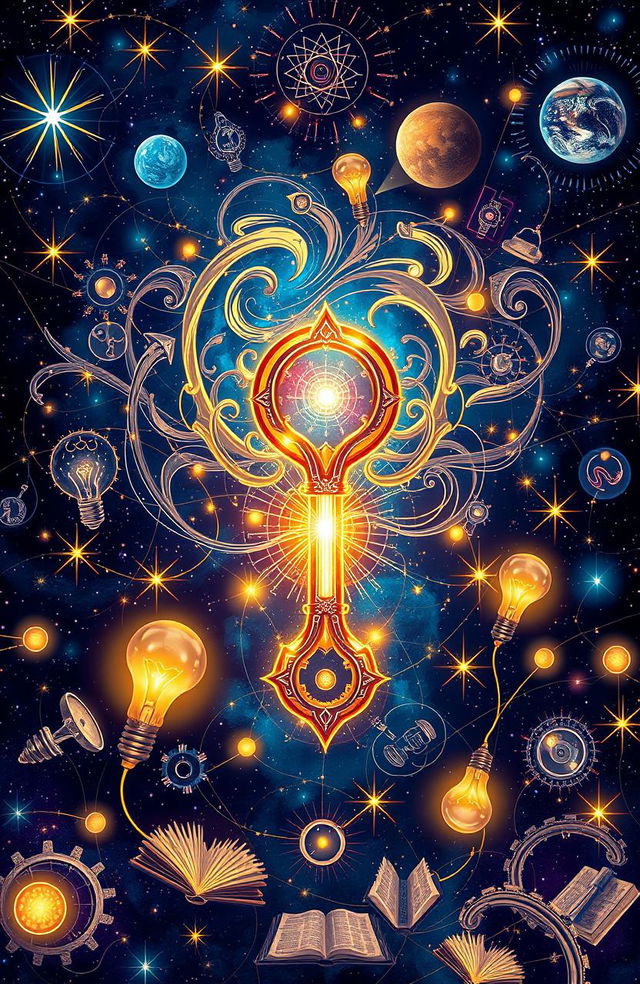 A vivid, intricately designed visual representation of the concept of 'Unlocking Genius', featuring an elegant, futuristic key that emanates bright, swirling patterns of light and energy