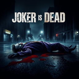 Movie art cover for the film "Joker is Dead", depicting a dark, atmospheric scene set in Gotham City