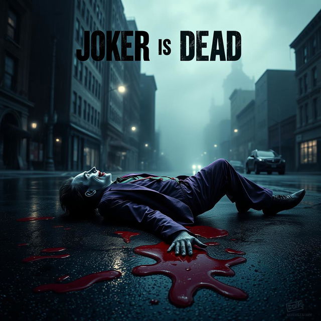 Movie art cover for the film "Joker is Dead", depicting a dark, atmospheric scene set in Gotham City