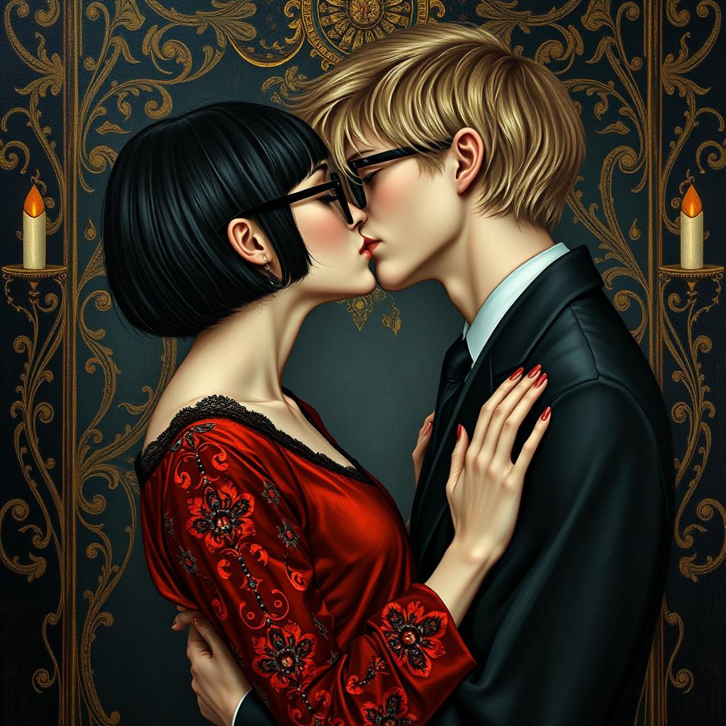 A gothic reinterpretation of Gustav Klimt's 'The Kiss', maintaining the essence of an oil painting