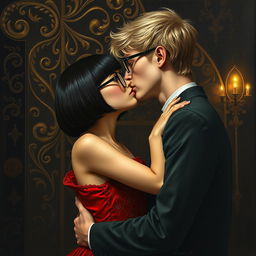 A gothic reinterpretation of Gustav Klimt's 'The Kiss', maintaining the essence of an oil painting