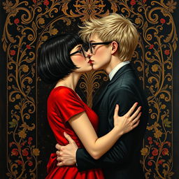 A gothic reinterpretation of Gustav Klimt's 'The Kiss', maintaining the essence of an oil painting