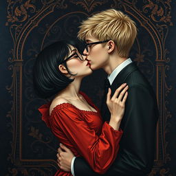 A gothic reinterpretation of Gustav Klimt's 'The Kiss', maintaining the essence of an oil painting