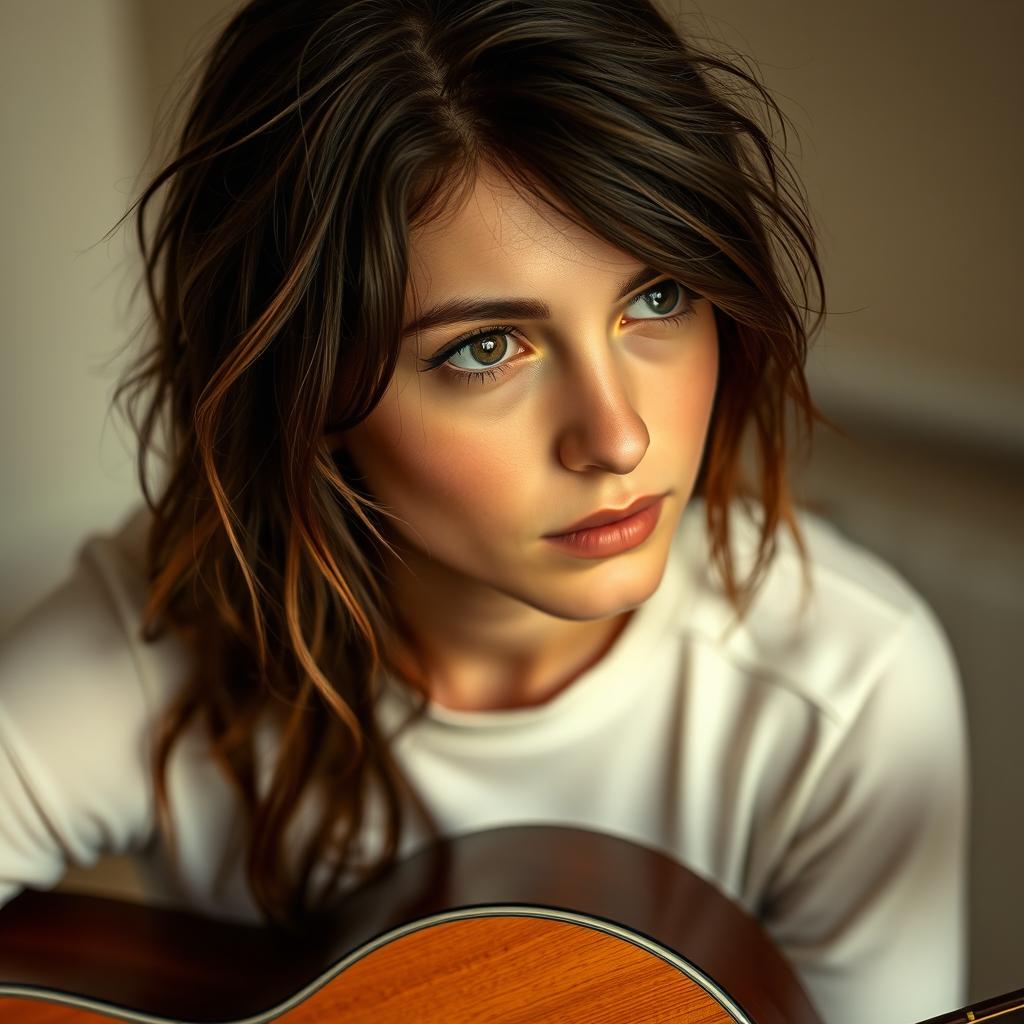 A close-up portrait of a 23-year-old female singer-songwriter from Mississippi, named Emily