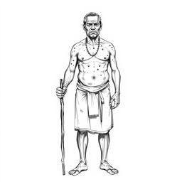A full-body sketch illustration of a 40-year-old Papua man, wearing a traditional koteka