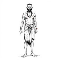 A full-body sketch illustration of a 40-year-old Papua man, wearing a traditional koteka