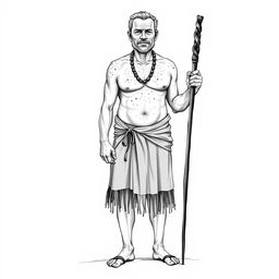 A full-body sketch illustration of a 40-year-old Papua man, wearing a traditional koteka