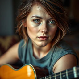 A close-up portrait of a 23-year-old female singer-songwriter from Mississippi, named Emily