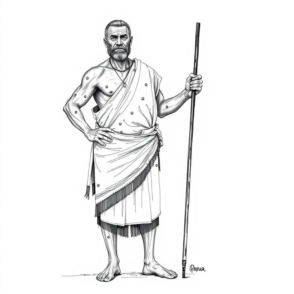 A full-body sketch illustration of a 40-year-old Papua man, wearing a traditional koteka