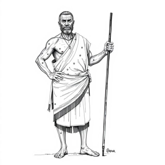 A full-body sketch illustration of a 40-year-old Papua man, wearing a traditional koteka