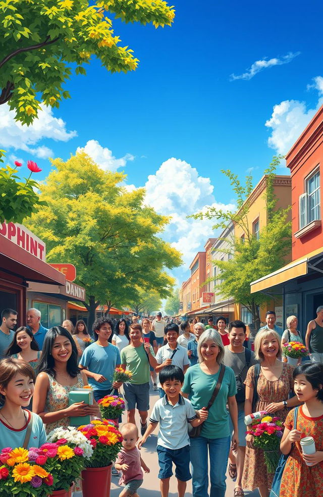 A vibrant and colorful depiction of life, showcasing a bustling city street with diverse people engaging in various activities, surrounded by nature with a bright blue sky, green trees, and flowers in full bloom