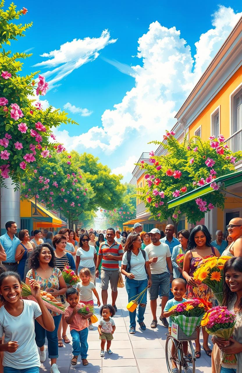 A vibrant and colorful depiction of life, showcasing a bustling city street with diverse people engaging in various activities, surrounded by nature with a bright blue sky, green trees, and flowers in full bloom