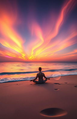 A serene and tranquil landscape depicting a peaceful meditation scene with soft, flowing waves of energy representing Hemi-Sync technology