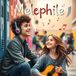 A captivating book cover for "Melophile" featuring a teenage boy with curly hair wearing headphones, lost in music while sitting on the steps of a school