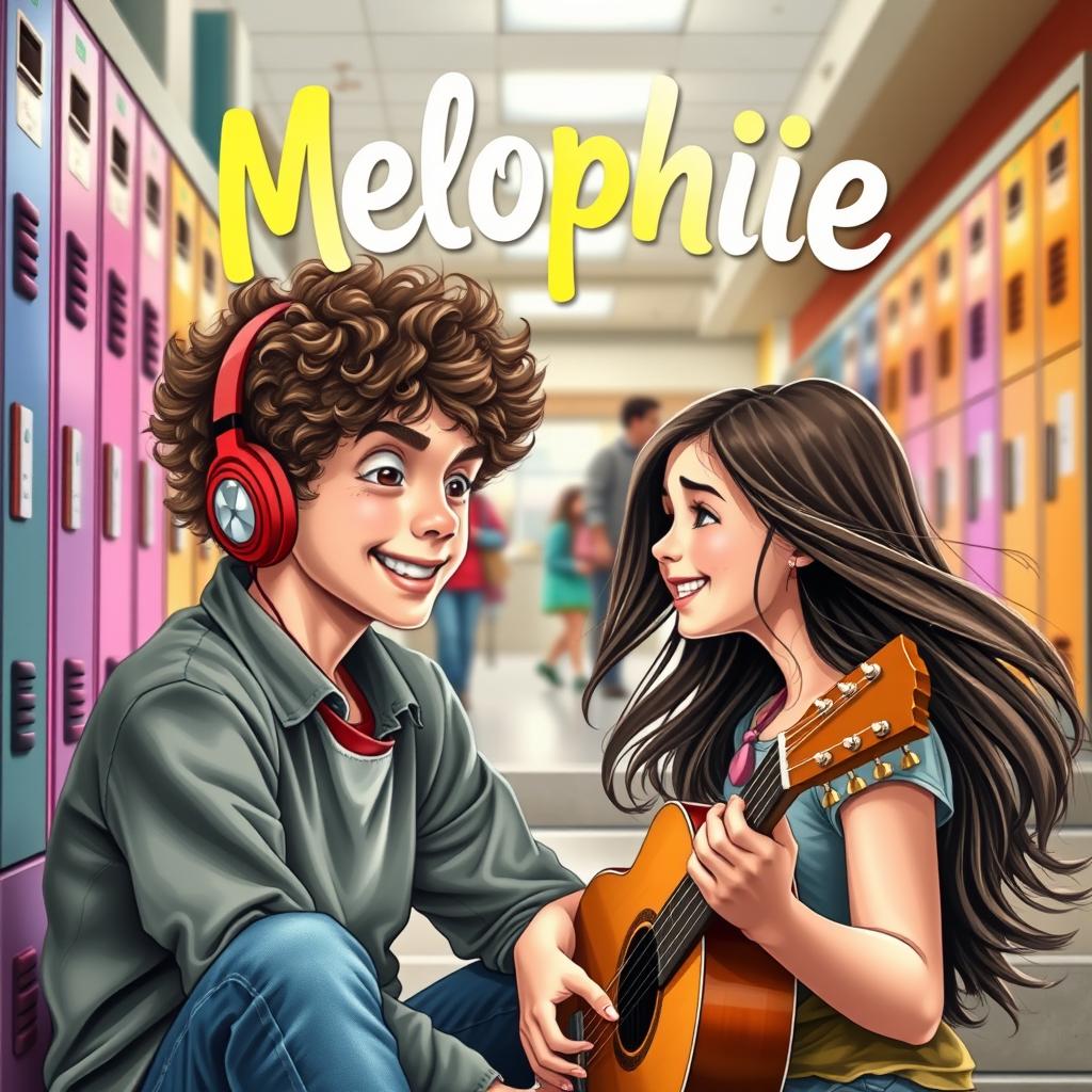 A captivating book cover for "Melophile" featuring a teenage boy with curly hair wearing headphones, lost in music while sitting on the steps of a school