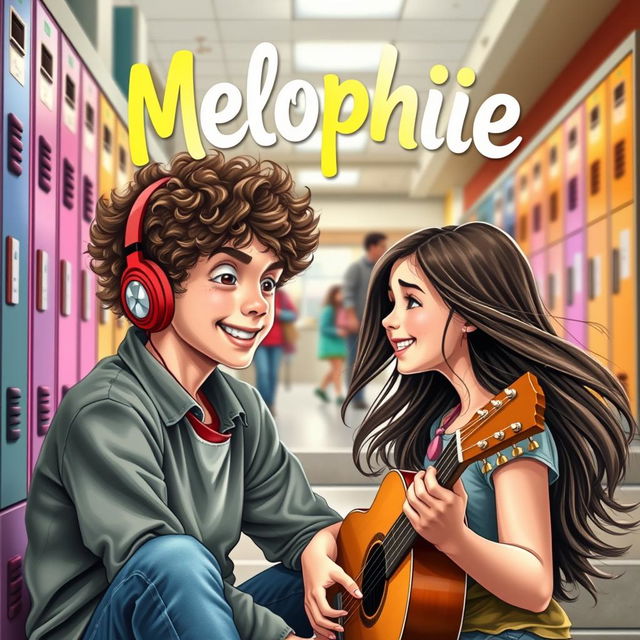 A captivating book cover for "Melophile" featuring a teenage boy with curly hair wearing headphones, lost in music while sitting on the steps of a school