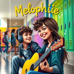 A captivating book cover for "Melophile" featuring a teenage boy with curly hair wearing headphones, lost in music while sitting on the steps of a school