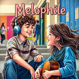 A captivating book cover for "Melophile" featuring a teenage boy with curly hair wearing headphones, lost in music while sitting on the steps of a school
