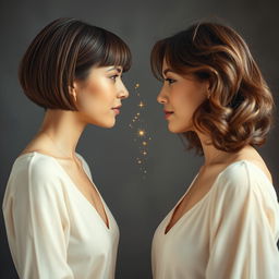 Two women of mixed race, one with short, straight brown hair and the other with shoulder-length, wavy brown hair, standing facing each other