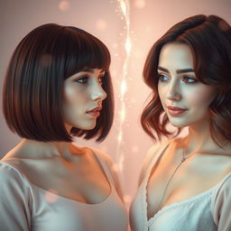 Two women of mixed race, one with short, straight brown hair and the other with shoulder-length, wavy brown hair, standing facing each other