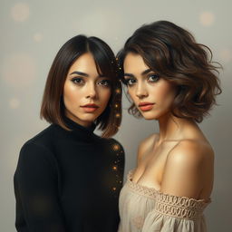 Two women of mixed race, one with short, straight brown hair and the other with shoulder-length, wavy brown hair, standing facing each other
