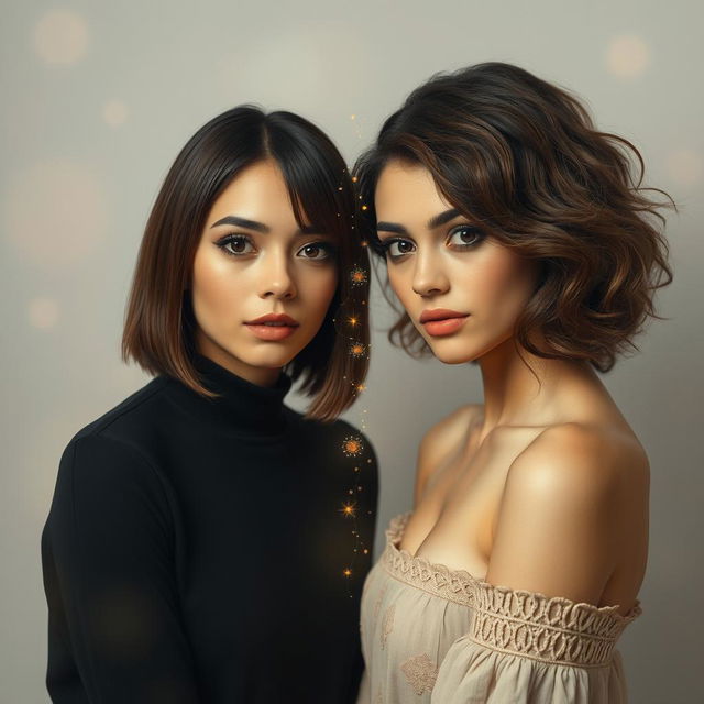 Two women of mixed race, one with short, straight brown hair and the other with shoulder-length, wavy brown hair, standing facing each other