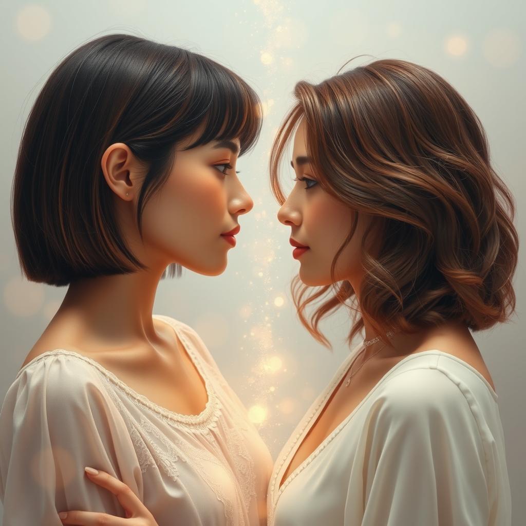 Two women of mixed race, one with short, straight brown hair and the other with shoulder-length, wavy brown hair, standing facing each other