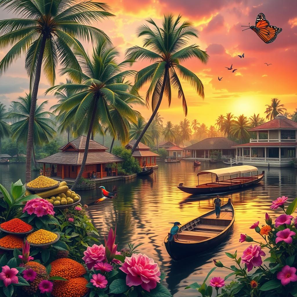 A vibrant and lush landscape of Kerala, India showcasing its iconic backwaters, coconut palms swaying gently in the breeze, and traditional houseboats gliding over the tranquil waters