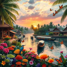 A vibrant and lush landscape of Kerala, India showcasing its iconic backwaters, coconut palms swaying gently in the breeze, and traditional houseboats gliding over the tranquil waters