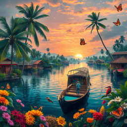 A vibrant and lush landscape of Kerala, India showcasing its iconic backwaters, coconut palms swaying gently in the breeze, and traditional houseboats gliding over the tranquil waters