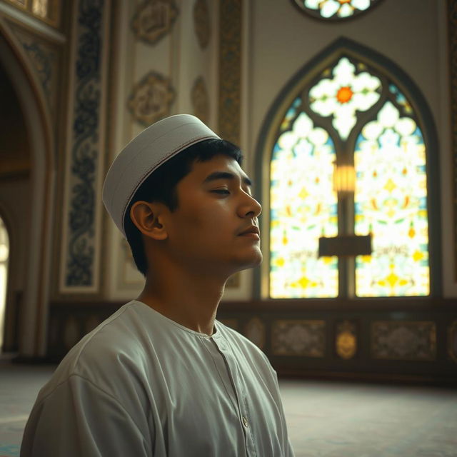 A serene scene inside a mosque showing a person deeply engaged in prayer