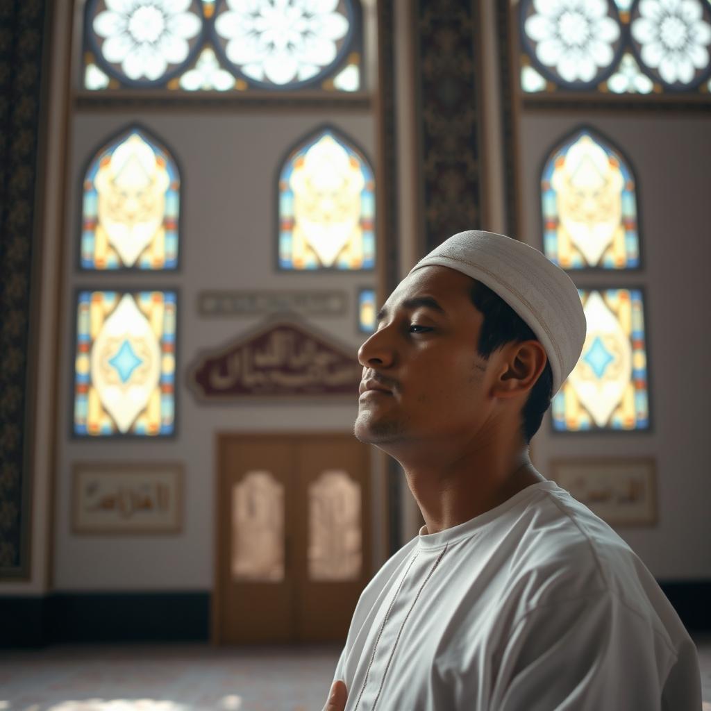 A serene scene inside a mosque showing a person deeply engaged in prayer