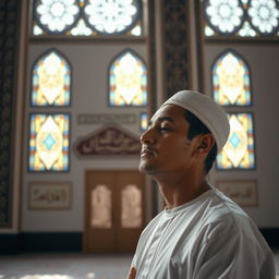 A serene scene inside a mosque showing a person deeply engaged in prayer