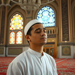 A serene scene inside a mosque showing a person deeply engaged in prayer