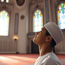 A serene scene inside a mosque showing a person deeply engaged in prayer