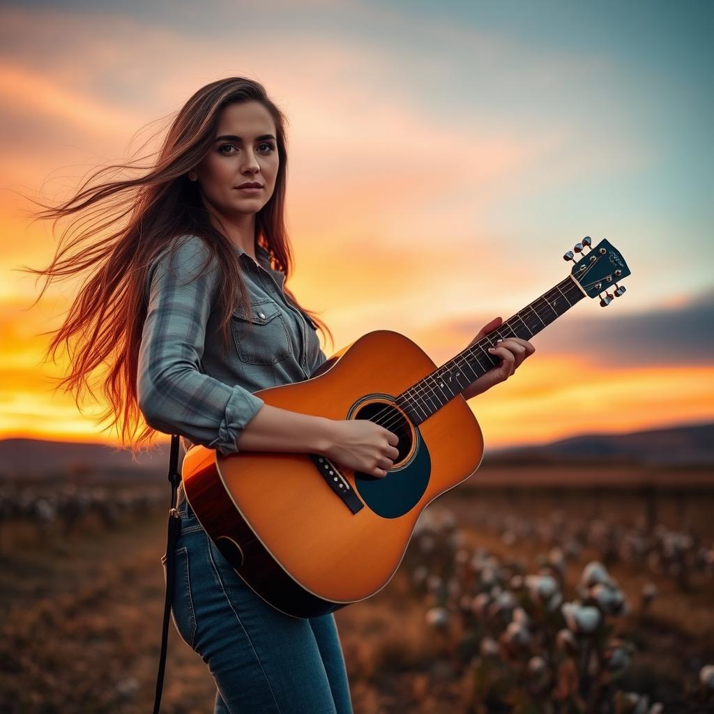 A stunning 23-year-old Mississippi cowboy named Emily, with a natural beauty and confident demeanor, stands in an open field at sunset, holding her Taylor guitar