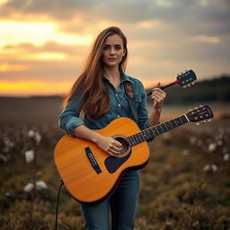A stunning 23-year-old Mississippi cowboy named Emily, with a natural beauty and confident demeanor, stands in an open field at sunset, holding her Taylor guitar