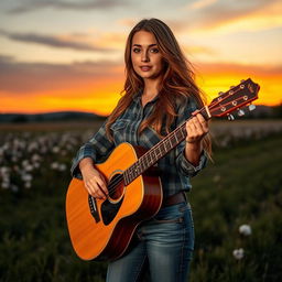 A stunning 23-year-old Mississippi cowboy named Emily, with a natural beauty and confident demeanor, stands in an open field at sunset, holding her Taylor guitar
