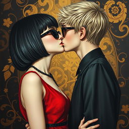 A reinterpretation of Gustav Klimt's painting 'The Kiss' in a Gothic style, while preserving the essence of an oil painting