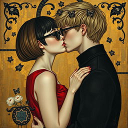 A reinterpretation of Gustav Klimt's painting 'The Kiss' in a Gothic style, while preserving the essence of an oil painting