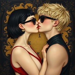 A reinterpretation of Gustav Klimt's painting 'The Kiss' in a Gothic style, while preserving the essence of an oil painting