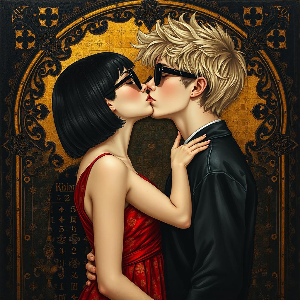 A reinterpretation of Gustav Klimt's painting 'The Kiss' in a Gothic style, while preserving the essence of an oil painting