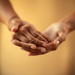 Delicate brown hands gently holding each other, intertwined with a subtle thread creating an artistic design