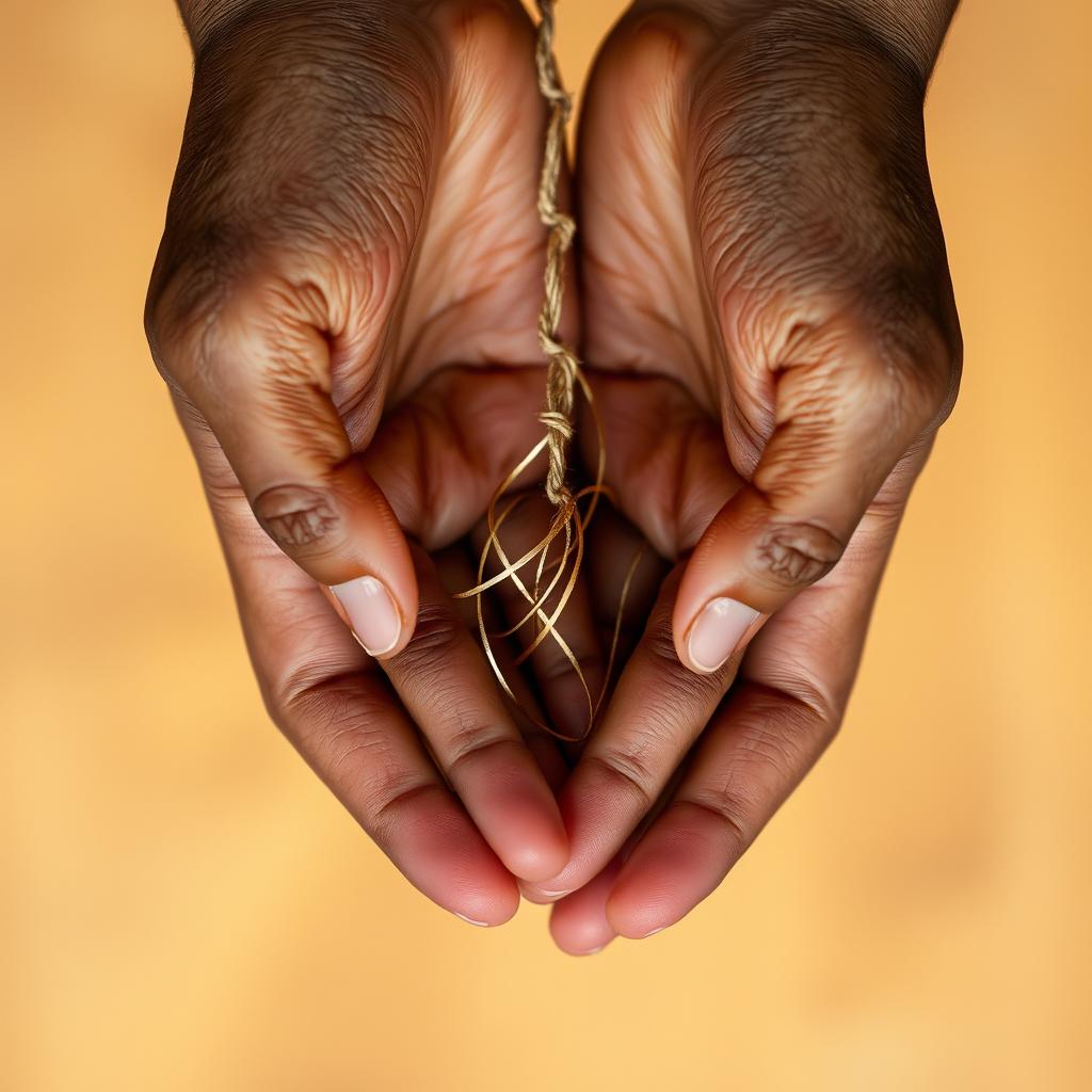 Delicate brown hands gently holding each other, intertwined with a subtle thread creating an artistic design