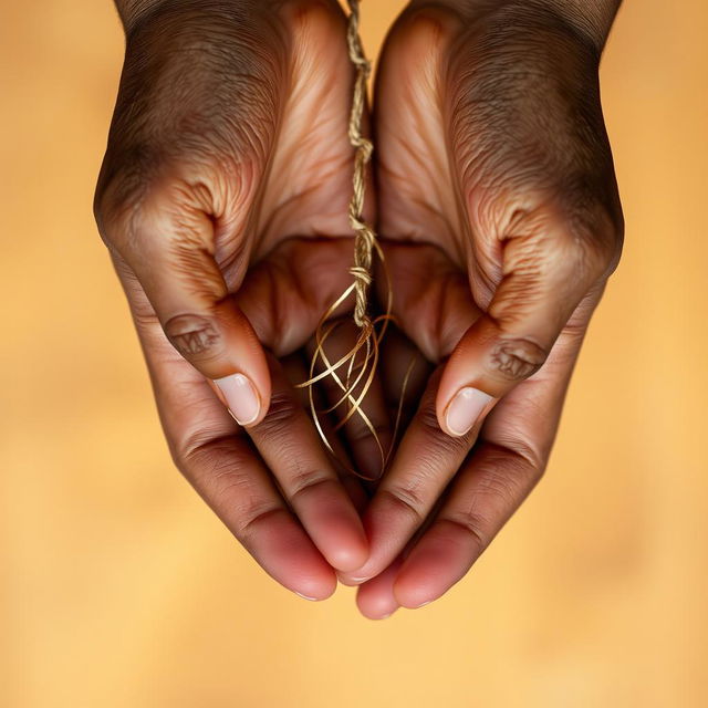 Delicate brown hands gently holding each other, intertwined with a subtle thread creating an artistic design