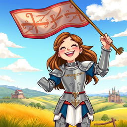 An illustration of a girl resembling Joan of Arc, joyfully waving a banner in a vibrant and historical setting