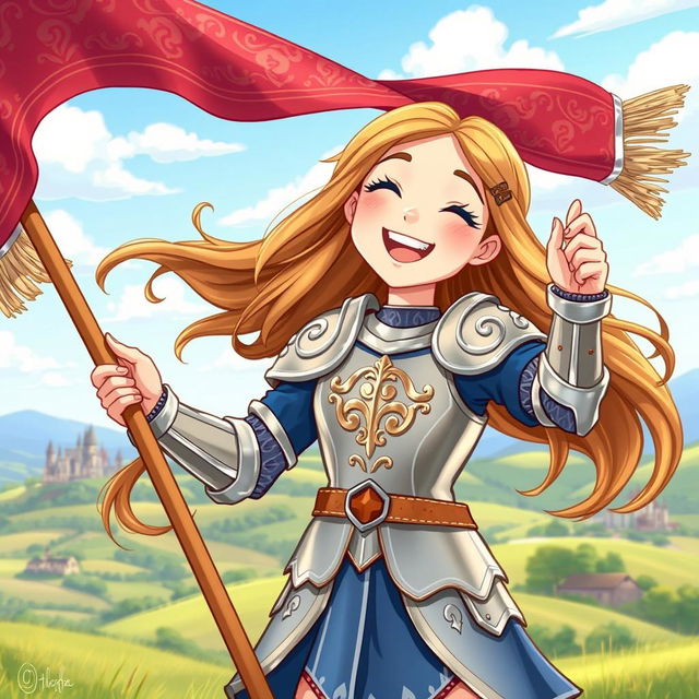 An illustration of a girl resembling Joan of Arc, joyfully waving a banner in a vibrant and historical setting