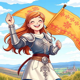 An illustration of a girl resembling Joan of Arc, joyfully waving a banner in a vibrant and historical setting