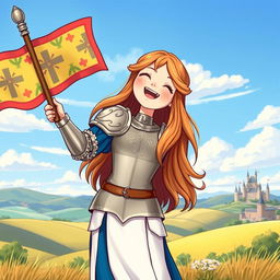 An illustration of a girl resembling Joan of Arc, joyfully waving a banner in a vibrant and historical setting