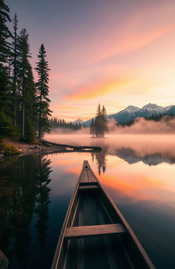 A breathtaking landscape of a serene mountain lake at sunrise, surrounded by towering pine trees, with mist rising from the water's surface
